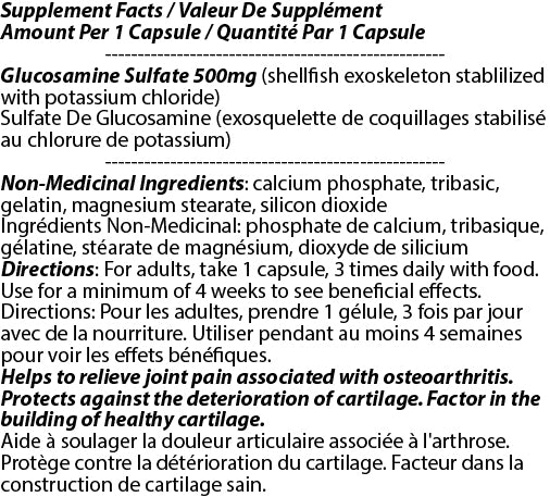 Bottle of Total Natural Glucosamine Sulfate 500mg 300 capsules for arthritis benefits and recommended dosage in Canada
