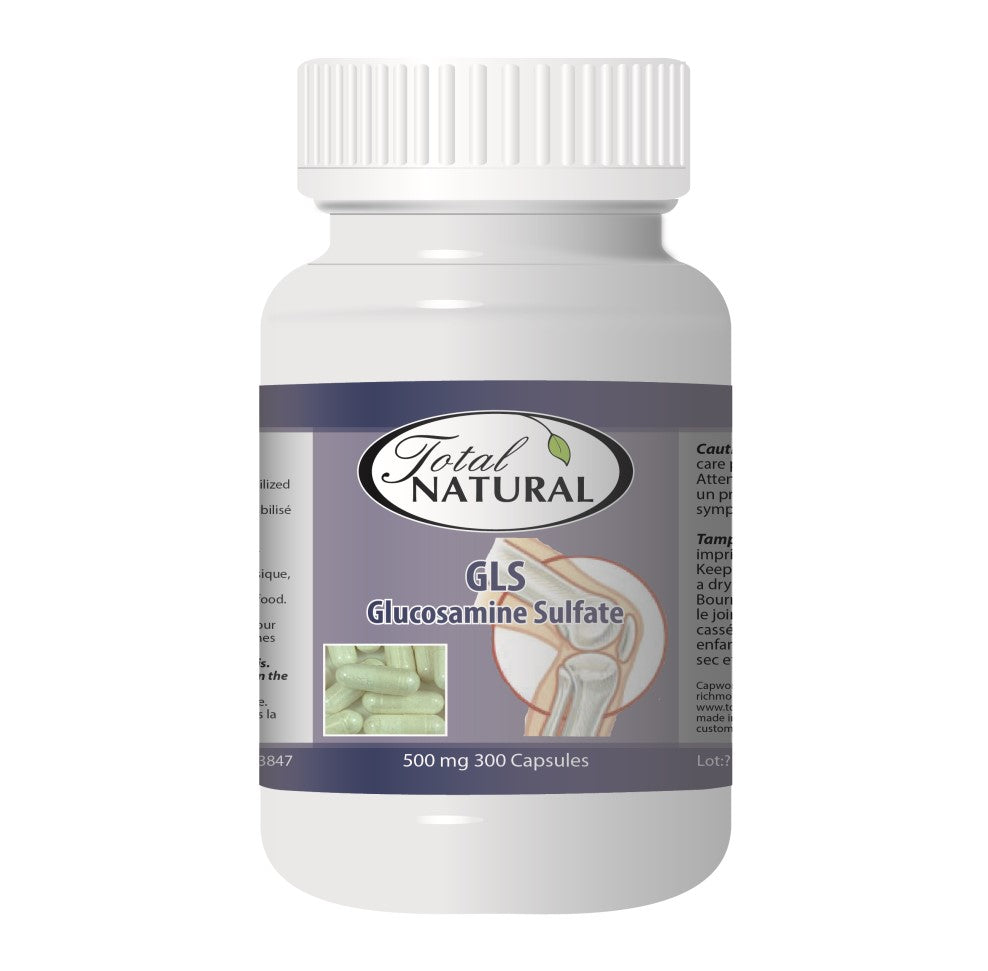 Bottle of Total Natural Glucosamine Sulfate 500mg 300 capsules for arthritis benefits and recommended dosage in Canada